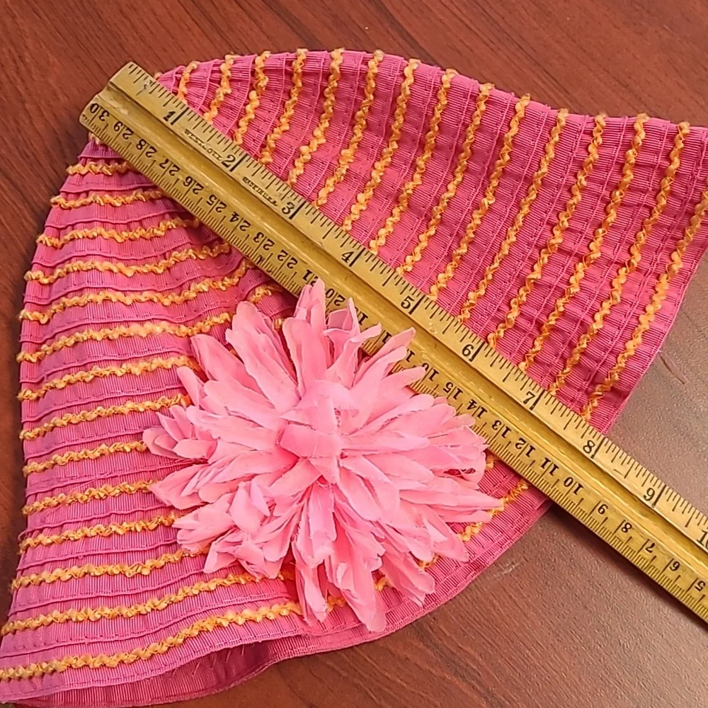 Girls toddler pink yellow striped aqua sun beach hat with fluffy floral accent